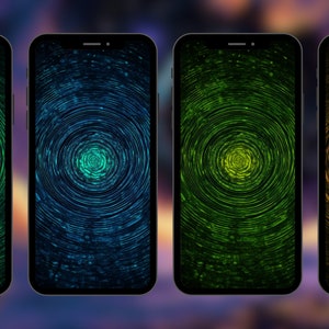 May include: Four iPhone mockups with different colored backgrounds. Each background features a swirling pattern of concentric circles in shades of green, blue, yellow, and orange.