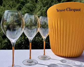 Veuve Clicquot “Sunrays” Ice Bucket + 3 Crystal Champagne Glasses (Yellow Stem)
