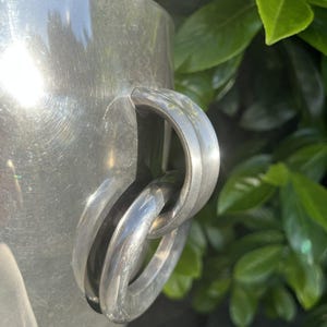 Puede incluir: Primer plano de un cubo de metal plateado brillante con un asa curva. El asa est&aacute; formada por dos anillos entrelazados. El cubo tiene una superficie lisa y reflectante. Se ven hojas verdes en el fondo.