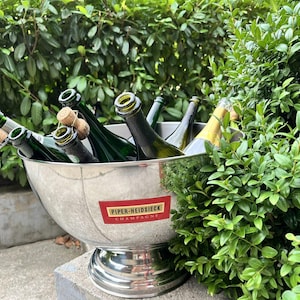 Puede incluir: Un cubo de champán de acero inoxidable lleno de botellas de champán verdes, algunas con corchos. El cubo tiene una etiqueta roja y blanca que dice "PIPER-HEIDSIECK CHAMPAGNE". El cubo está sobre una superficie de hormigón, rodeado de follaje verde.