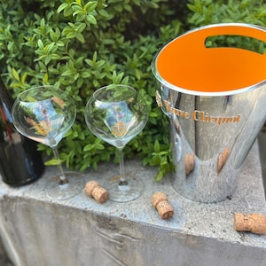 2 crystal glass RICH champagne goblets paired with La Grande Dame Veuve Clicquot Ponsardin magnum ice cooler