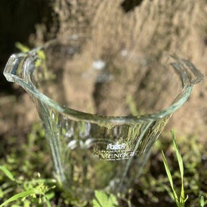 May include: A clear glass champagne bucket with a flared shape and two handles. The bucket has the words "Champagne VENOGE" printed on the front. The bucket is sitting on a bed of green grass.