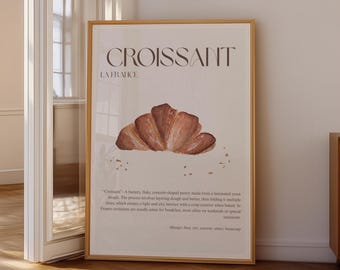 French Croissant Typography Food Art, Elegant Parisian Food Illustration, Bakery Kitchen Home Poster, European Breakfast Cafe Wall Print
