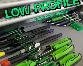 May include: A low-profile plier organizer tray holding various pliers with bright green and black handles inside a metal tool drawer. The text LOW-PROFILE PLIER ORGANIZER is overlaid in green on the image, showing organized hand tools.