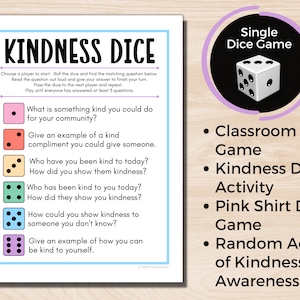 Kindness Dice Game, World Kindness Day, Pink Shirt Day Game, Random Acts of Kindness Activity, Dice Game for Kids, Positive Mindset image 2