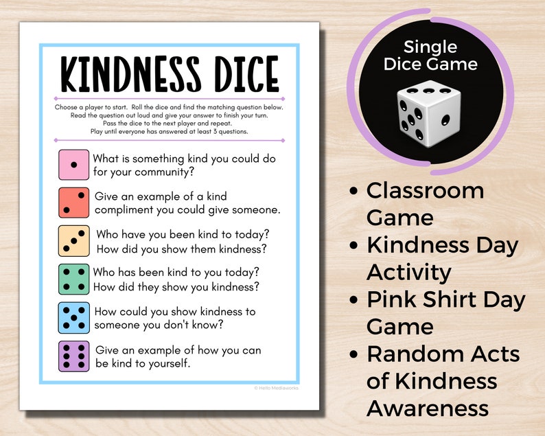 Kindness Dice Game, World Kindness Day, Pink Shirt Day Game, Random Acts of Kindness Activity, Dice Game for Kids, Positive Mindset image 2