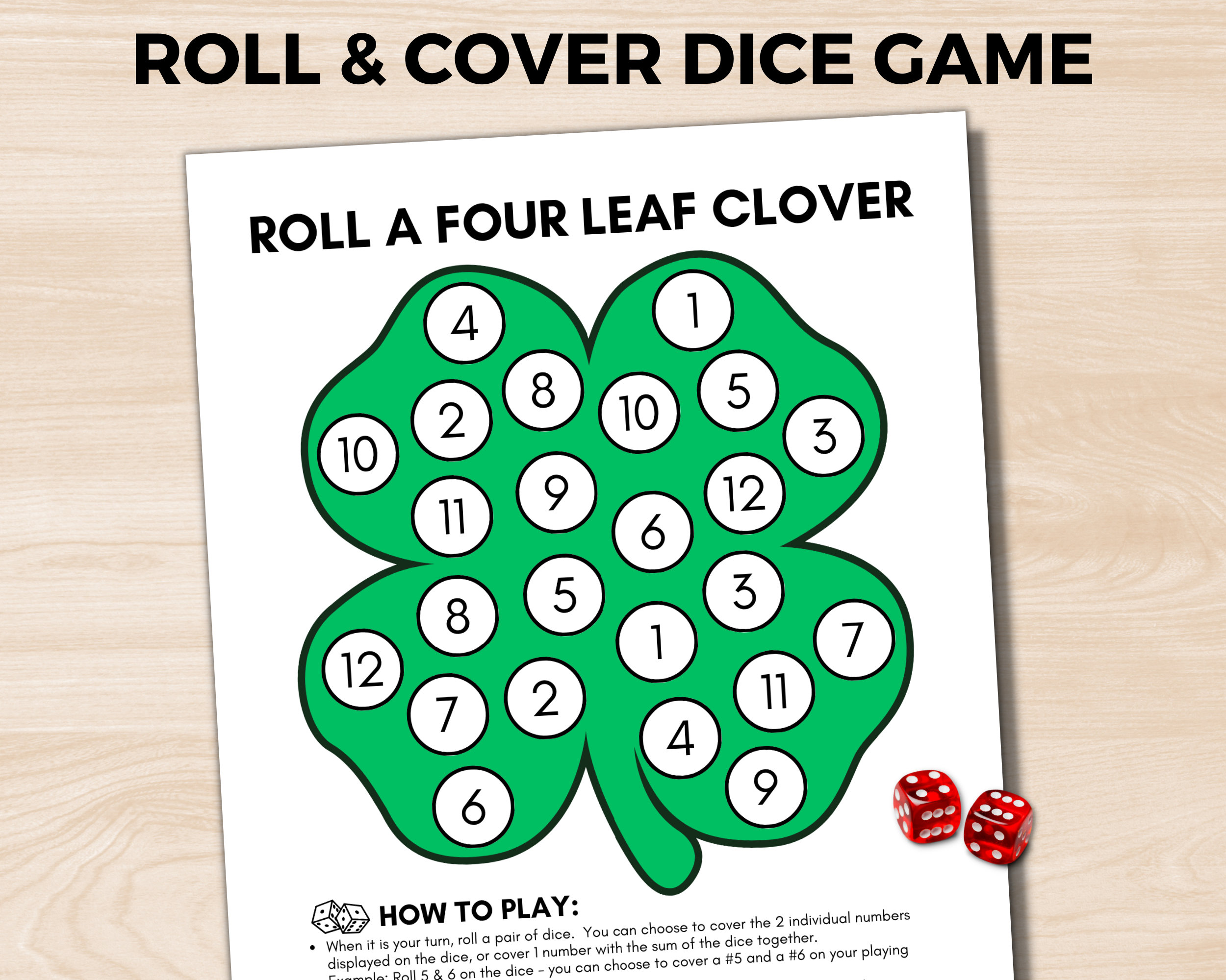 Roll a Four Leaf Clover Game, St. Patrick's Roll and Cover Dice Game, Easy Dice Games for
