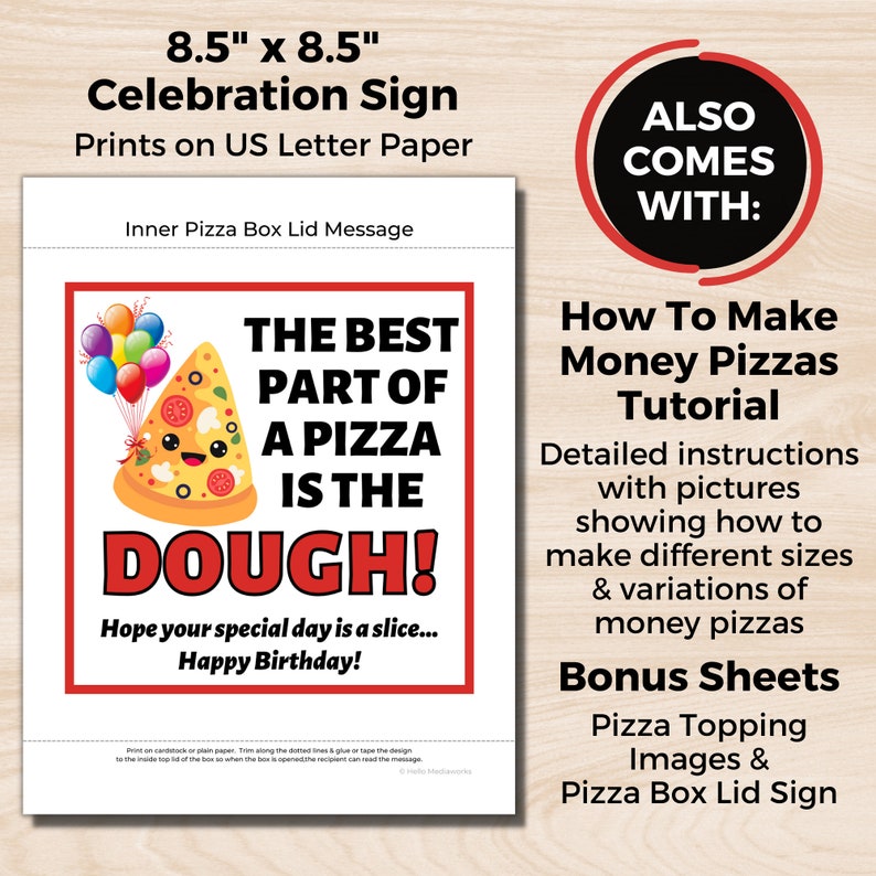 Birthday Money Gift, Printable Money Pizza Sign, Birthday Dough Sign, Money Gift Idea, Birthday Money Pizza, Pizza Lover Gift, Birthday Cash image 2
