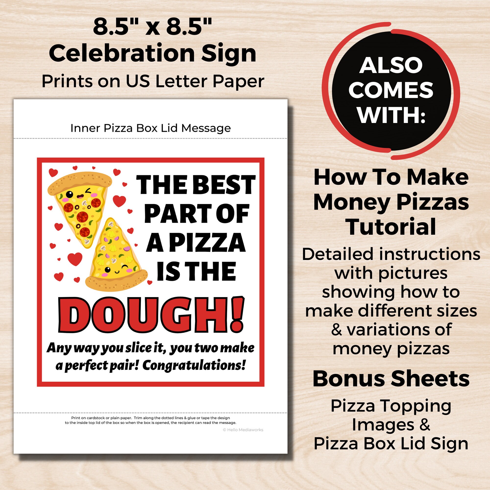 Wedding Money Gift, Bridal Shower Money Gift, Printable Money Pizza