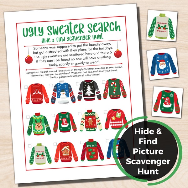 Ugly Christmas Sweater Scavenger Hunt Game, Ugly Sweater Hide and Find Scavenger Hunt, Picture Scavenger Hunt, Kids Ugly Sweater Party Game