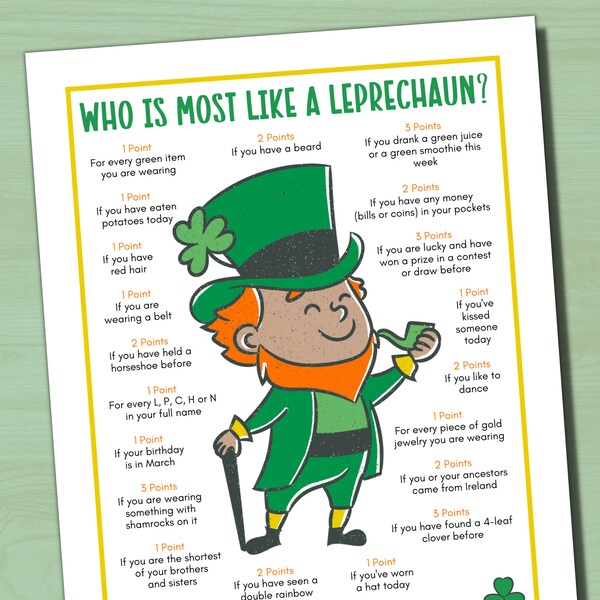 Who Is Most Like a Leprechaun Game, St. Patrick's Day Party Game, Seniors St. Patrick's Day Party Game, St. Patrick's Day Icebreaker Game