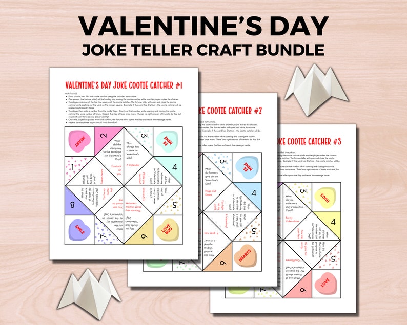 Valentines Day Cootie Catcher Bundle, Valentines Day Joke Tellers, Valentines Day Fortune Tellers, Non Candy Valentines Day Classroom Gift image 1