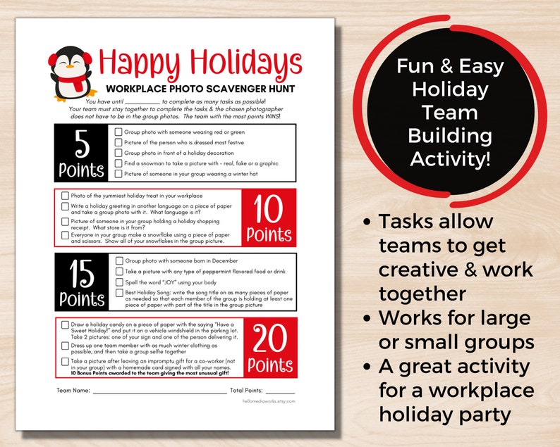 Holiday Workplace Photo Scavenger Hunt, Holiday Team Building Activity