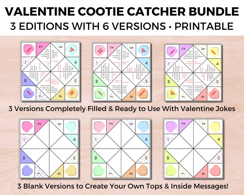 Valentines Day Cootie Catcher Bundle, Valentines Day Joke Tellers, Valentines Day Fortune Tellers, Non Candy Valentines Day Classroom Gift image 2