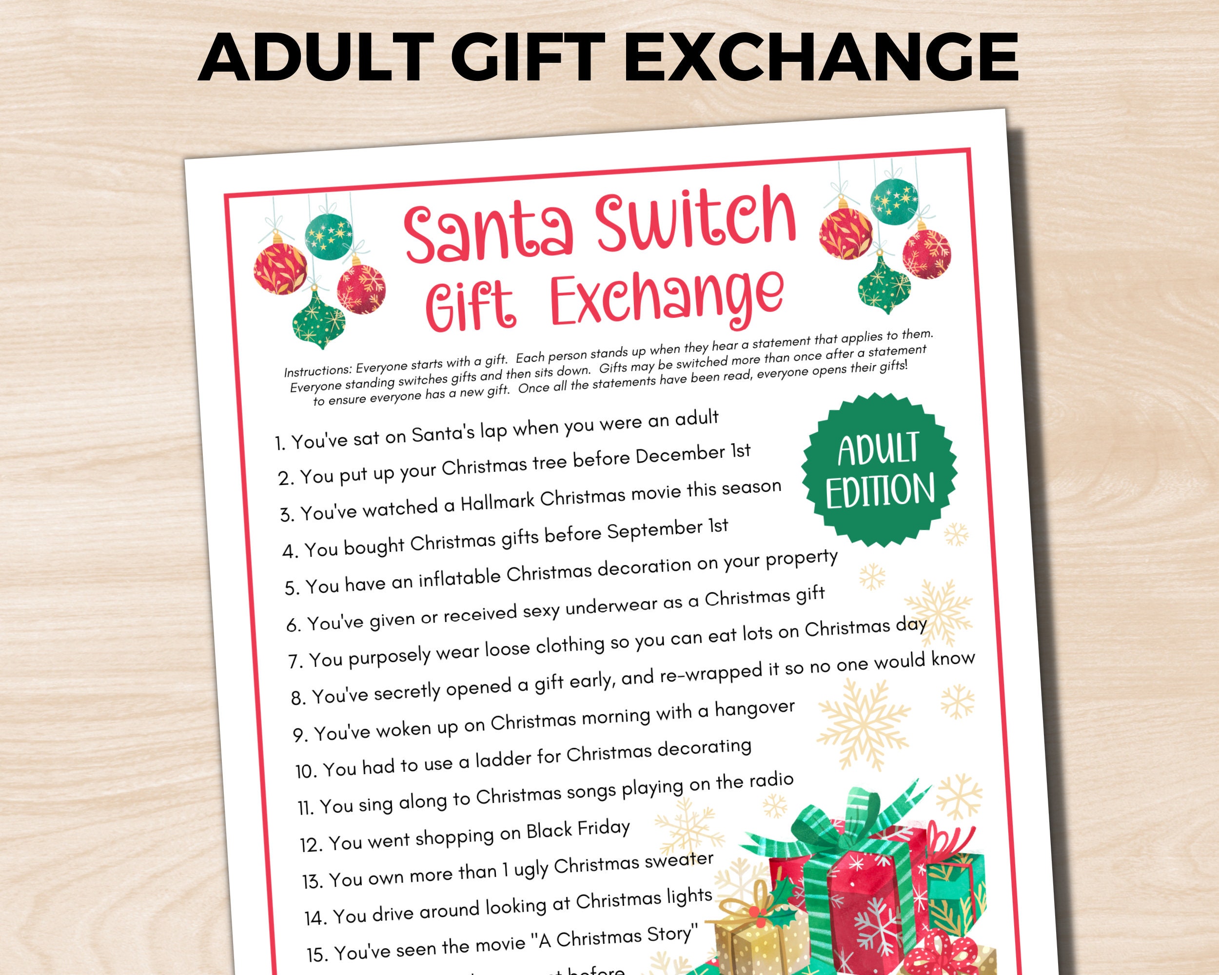 Adult Santa Switch Gift Exchange Game, White Elephant Gift Exchange