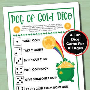 Pot of Gold Dice Game, St. Patrick's Day Party Game, St. Patrick's Day Activity for Kids, St. Patrick's Day Family Game, Seniors Dice Game image 1