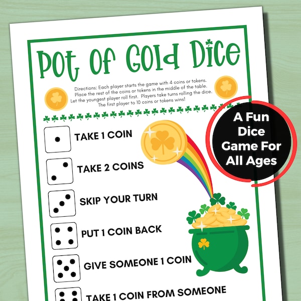 Pot of Gold Dice Game, St. Patrick's Day Party Game, St. Patrick's Day Activity for Kids, St. Patrick's Day Family Game, Seniors Dice Game