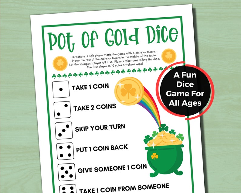Pot of Gold Dice Game, St. Patrick's Day Party Game, St. Patrick's Day Activity for Kids, St. Patrick's Day Family Game, Seniors Dice Game image 1
