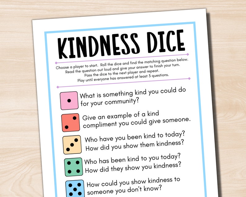 Kindness Dice Game, World Kindness Day, Pink Shirt Day Game, Random Acts of Kindness Activity, Dice Game for Kids, Positive Mindset image 1