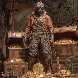 May include: A steampunk-inspired figure stands amidst treasure chests overflowing with gold coins. The figure wears a red coat, goggles, and a mask. A large Bitcoin coin is in the foreground. The scene evokes a sense of adventure and wealth.
