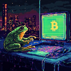 Puede incluir: Ilustración pixelada de una rana verde usando una computadora con el símbolo de Bitcoin en la pantalla. La rana está sentada en un escritorio con un teclado, con un paisaje urbano de fondo. Paleta de colores oscuros con acentos de neón.