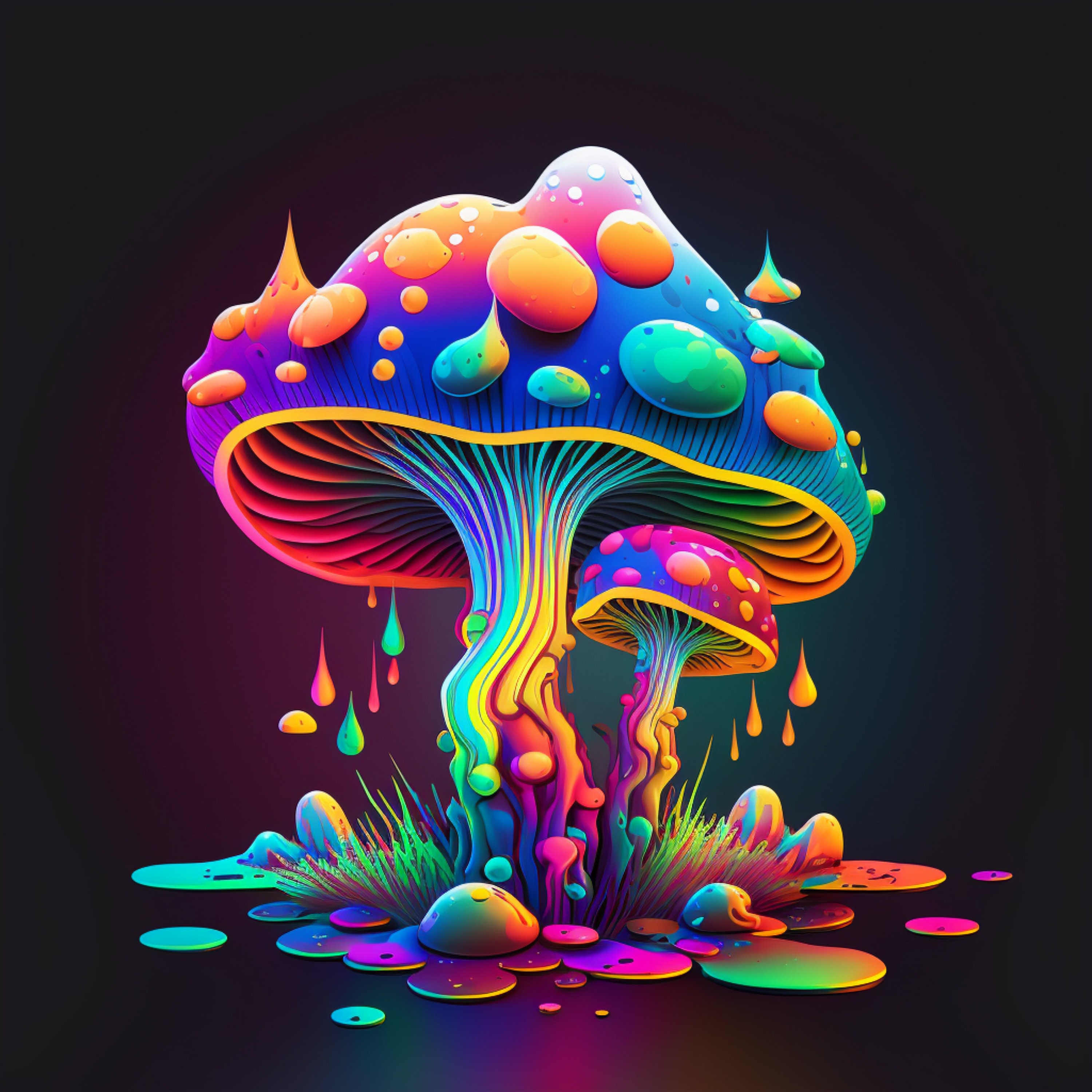 Neon Digital Mushroom Art Etsy