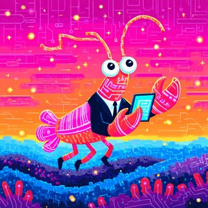 May include: A digital illustration of a cartoon lobster wearing a suit and holding a tablet. The lobster is red and pink, with large eyes and a circuit board design on its body. The background features a vibrant gradient of pink, orange, and blue.
