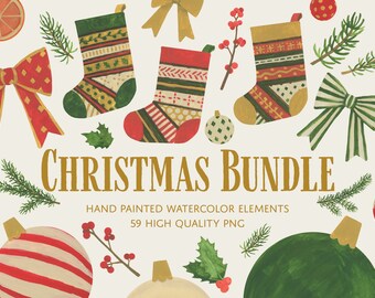 May include: A set of 59 hand-painted watercolor Christmas elements, including stockings, ornaments, bows, and sprigs of holly.  The elements are in a variety of colors, including red, green, gold, and white.  The text "Christmas Bundle" is written in gold letters.