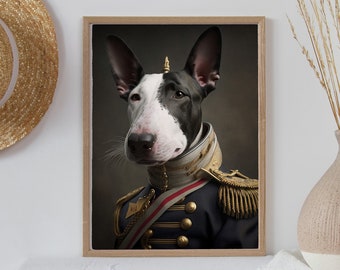 Miniature Bull Terrier Vintage Portrait Print, Miniature Bull Terrier in Military Uniform, Animal Lover Home Decor, Quirky Animal Art Print