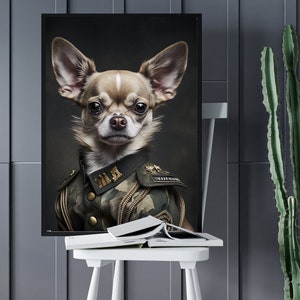Chihuahua Vintage Portrait Print, Chihuahua in Military Uniform, Animal Lover Home Decor Gift, Quirky Animal Art Print