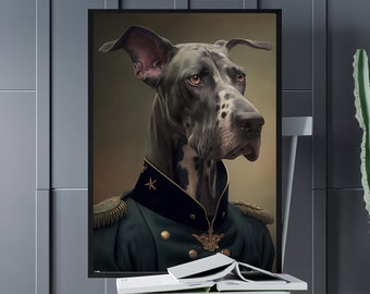 Deutsche Dogge Militär Portrait Druck, schrullig Tier Kunst (digitaler Download)