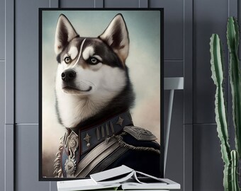 Retrato militar de un husky siberiano: Arte animal peculiar (descarga digital)