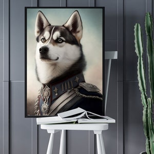 Siberian Husky Vintage Portrait Print, Siberian Husky in Military Uniform, Animal Lover Home Decor Gift, Quirky Animal Art Print
