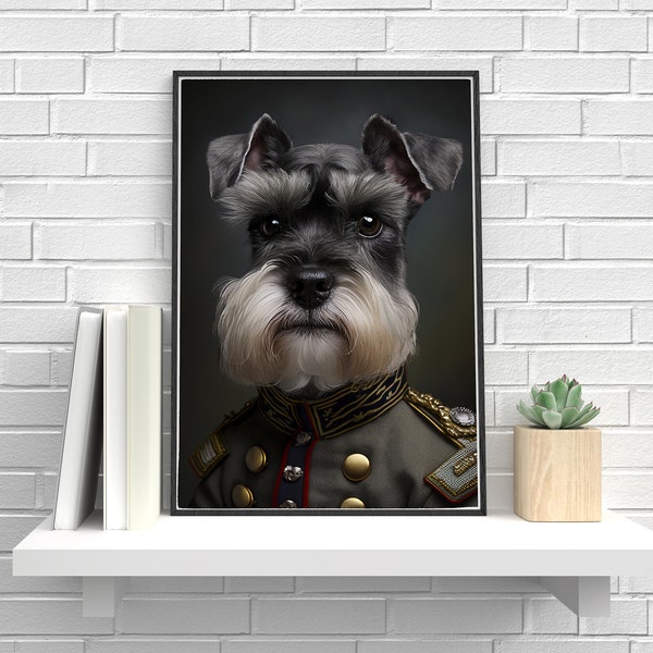 Schnauzer nain vintage Portrait Print, Schnauzer nain en uniforme militaire, Animal Lover Home Decor Gift, Quirky Animal Art Print