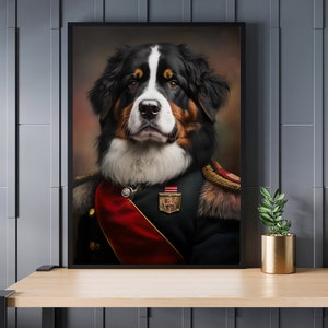 Bernese Mountain Dog Vintage Portrait Print, Bernese Mountain Dog in Military Uniform, Animal Lover Home Decor Gift, Quirky Animal Art Print