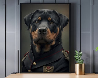 Rottweiler w mundurze wojskowym: wydruk portretowy w stylu vintage (pobranie cyfrowe)