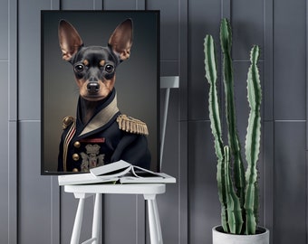 Zwergpinscher Vintage Portrait Print, Zwergpinscher in Militäruniform, Tierliebhaber Home Decor Geschenk, schrullige Tier Art Print