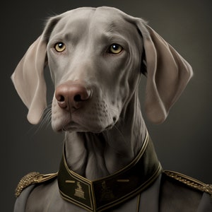 Peut inclure: Un chien Weimaraner gris portant un uniforme de style militaire avec des garnitures et des boutons dor&eacute;s. Le chien a une expression s&eacute;rieuse et regarde directement la cam&eacute;ra.