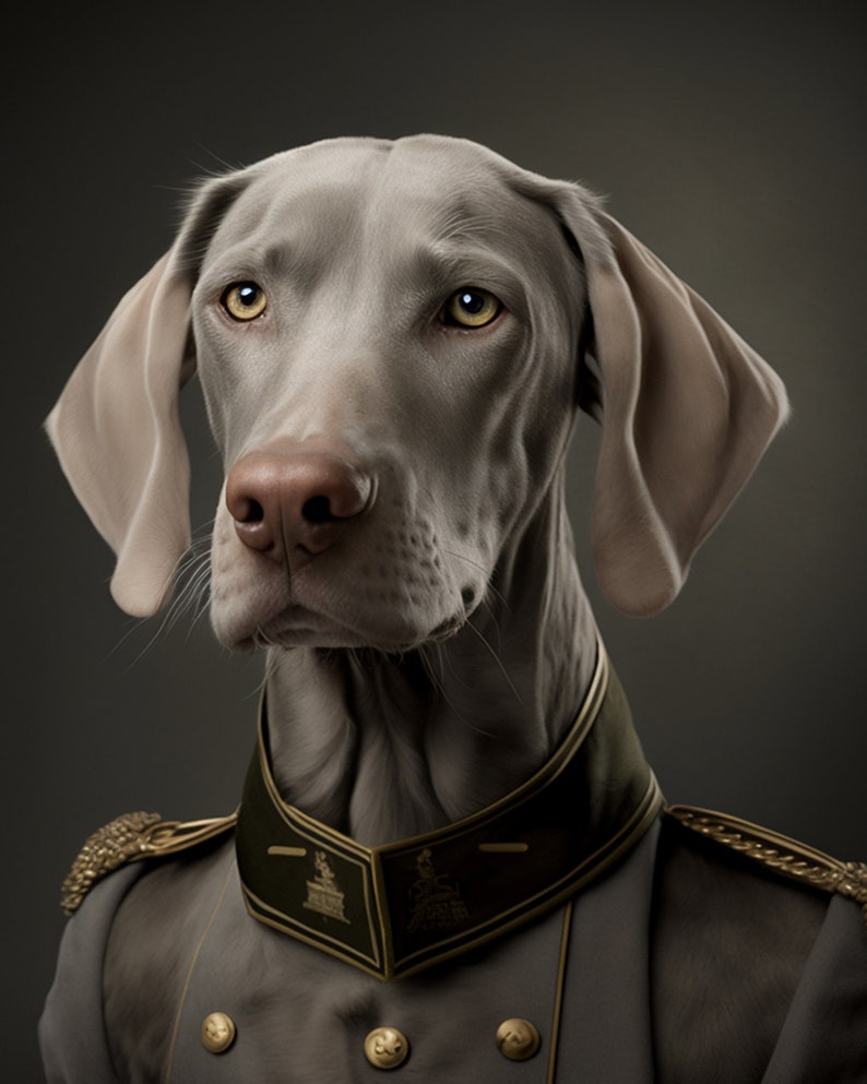 Peut inclure: Un chien Weimaraner gris portant un uniforme de style militaire avec des garnitures et des boutons dor&eacute;s. Le chien a une expression s&eacute;rieuse et regarde directement la cam&eacute;ra.