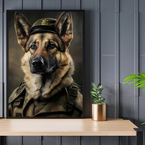 German Shepherd Vintage Portrait Print, German Shepherd in Military Uniform, Animal Lover Home Decor Gift, Quirky Animal Art Print