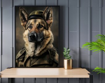 Retrato militar de pastor alemán: Impresión artística de un animal peculiar (descarga digital)