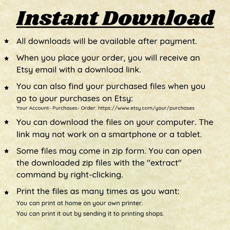Peut inclure: Texte sur un fond beige expliquant comment t&eacute;l&eacute;charger des fichiers num&eacute;riques achet&eacute;s sur Etsy. Le texte comprend des instructions sur la fa&ccedil;on de t&eacute;l&eacute;charger des fichiers, d'ouvrir des fichiers zip et d'imprimer des fichiers.