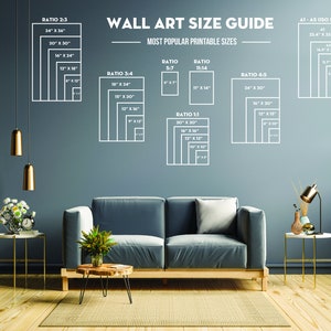 Peut inclure: Un guide de tailles d'art mural avec un fond bleu et du texte blanc. Le guide pr&eacute;sente les tailles imprimables les plus populaires pour l'art mural, y compris des ratios comme 2:3, 3:4, 5:7, 11:14, 4:5 et 1:1. Le guide comprend &eacute;galement des tailles standard comme A1 et A3.