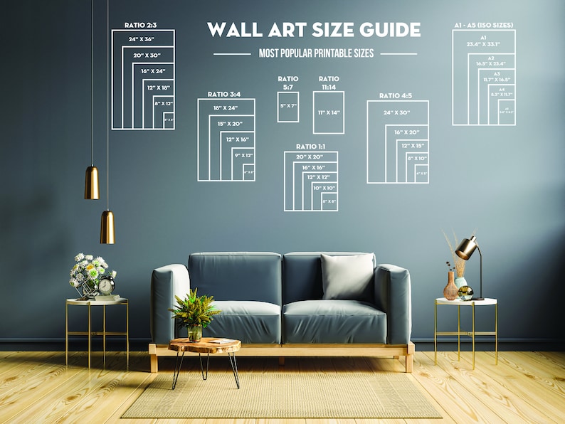 Peut inclure: Un guide de tailles d'art mural avec un fond bleu et du texte blanc. Le guide pr&eacute;sente les tailles imprimables les plus populaires pour l'art mural, y compris des ratios comme 2:3, 3:4, 5:7, 11:14, 4:5 et 1:1. Le guide comprend &eacute;galement des tailles standard comme A1 et A3.