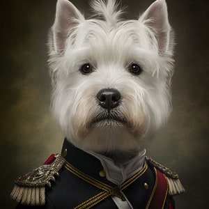 Peut inclure: Un chien West Highland White Terrier blanc portant un uniforme militaire noir avec des garnitures dor&eacute;es et une &eacute;charpe rouge. Le chien a une expression s&eacute;rieuse et regarde directement la cam&eacute;ra.