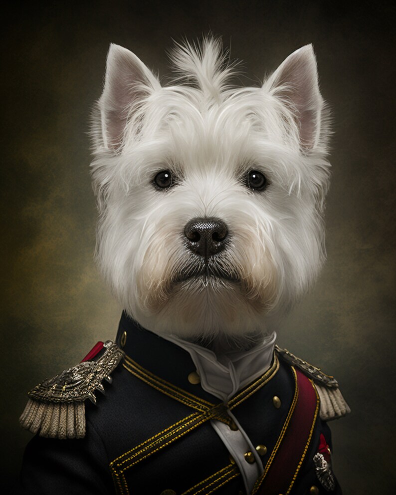 Peut inclure: Un chien West Highland White Terrier blanc portant un uniforme militaire noir avec des garnitures dor&eacute;es et une &eacute;charpe rouge. Le chien a une expression s&eacute;rieuse et regarde directement la cam&eacute;ra.