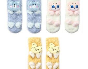 3 Pairs of Warm Fleece Thermal Kids Socks for Ages 4-9 - Animal Design