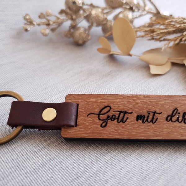 Schlüsselanhänger Gott mit dir, Holz, edel, Leder, Gold, cognac-braun