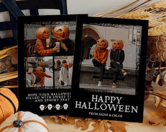 May include: Two black Halloween greeting cards with a collage of images of people wearing pumpkin heads. One card reads "Happy Halloween" and the other says "Hope your Halloween filled with sweet treats and spooky feats."