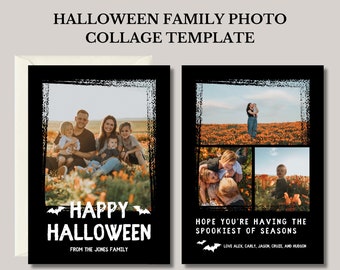 May include: A Halloween family photo collage template with a black background. The template includes family photos, the words "Happy Halloween" and "Hope you're having the spookiest of seasons". The template is customizable.
